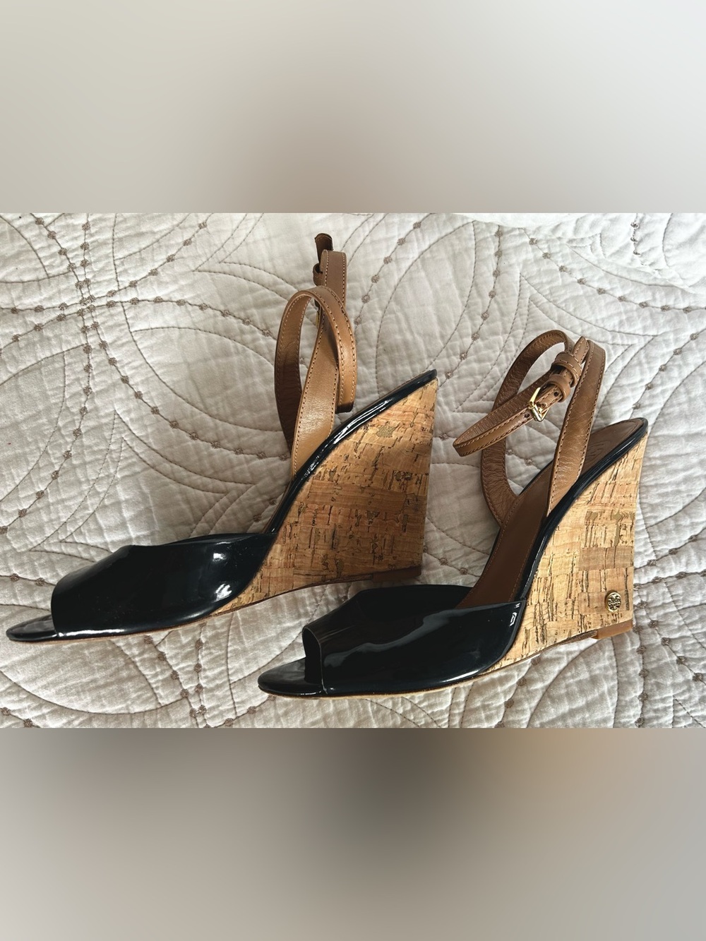 Tori Burch Black Patent Cork Wedge Sandals